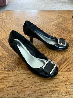 Black Patent Leather Heels w/silver buckle